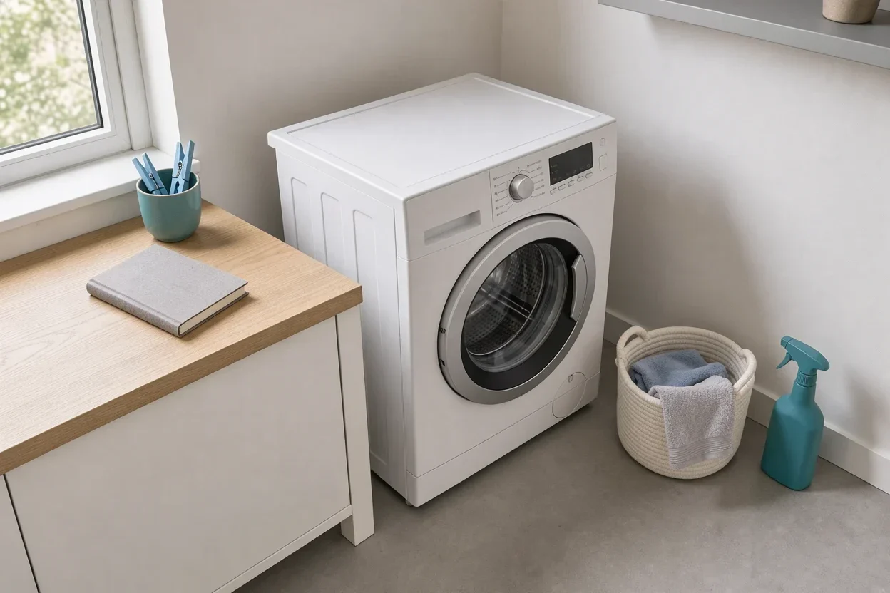 Notitieboek en schoonmaakfles bij een wasmachine
