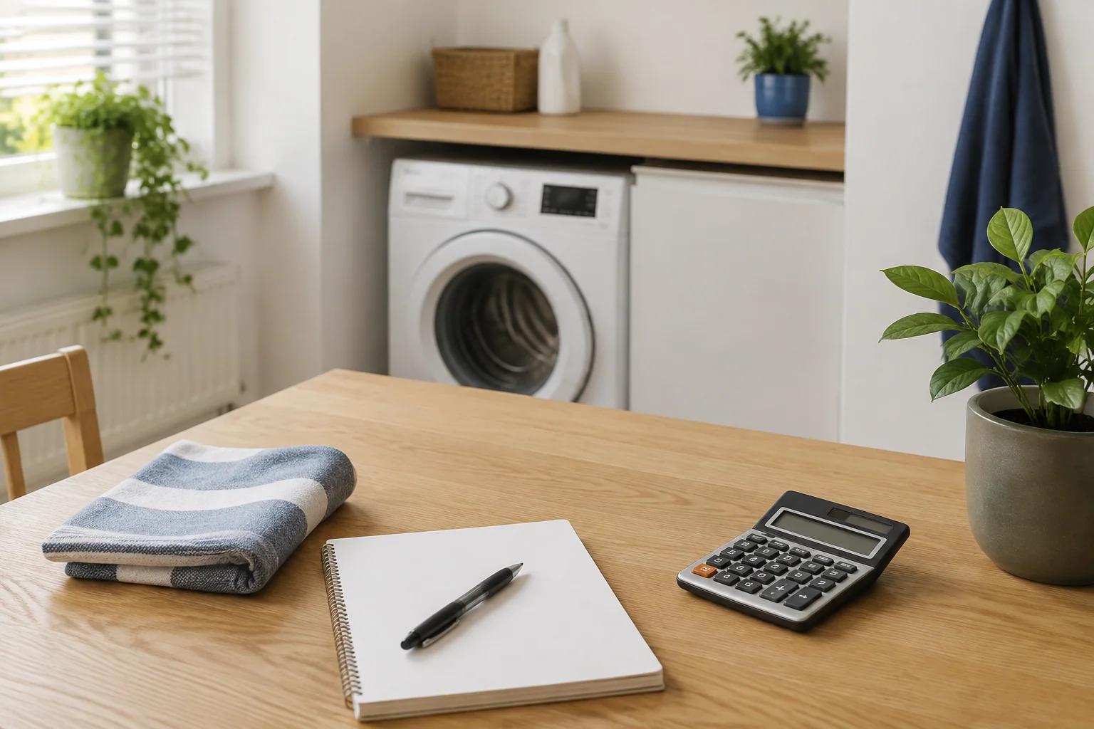 Rekenmachine en notitieboek bij een wasapparaat
