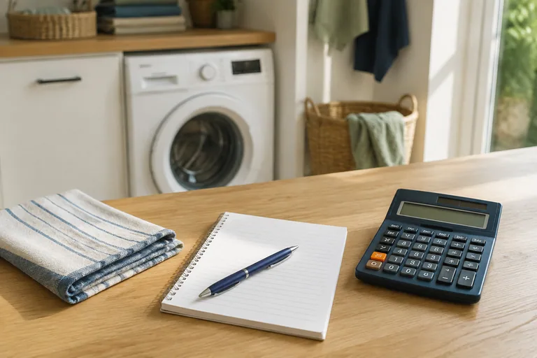 Rekenmachine en notitieboek bij een wasapparaat