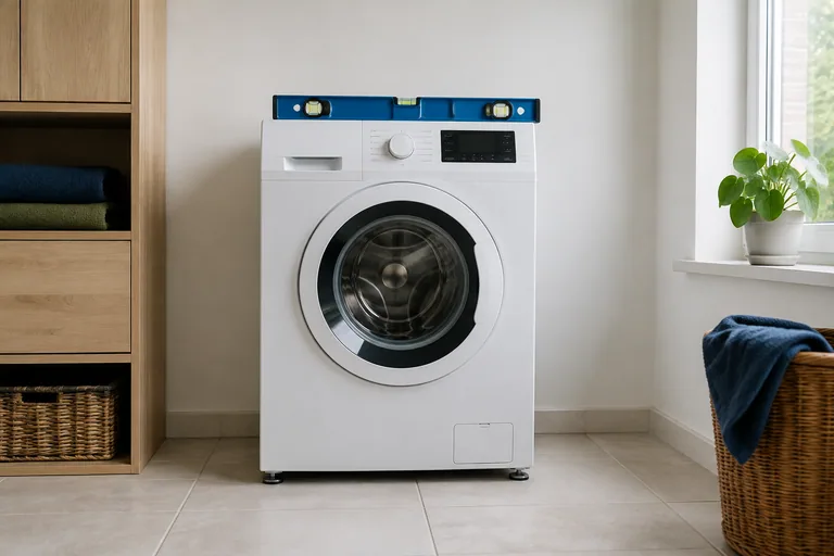 Waterpas op een wasmachine op een tegelvloer