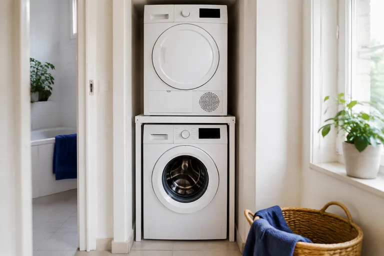 Droger boven een wasmachine met een zichtbaar tussenstuk