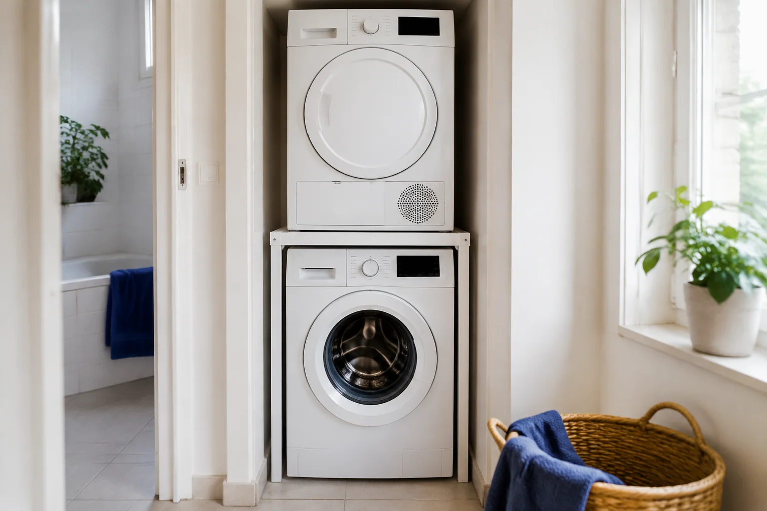 Droger boven een wasmachine met een zichtbaar tussenstuk