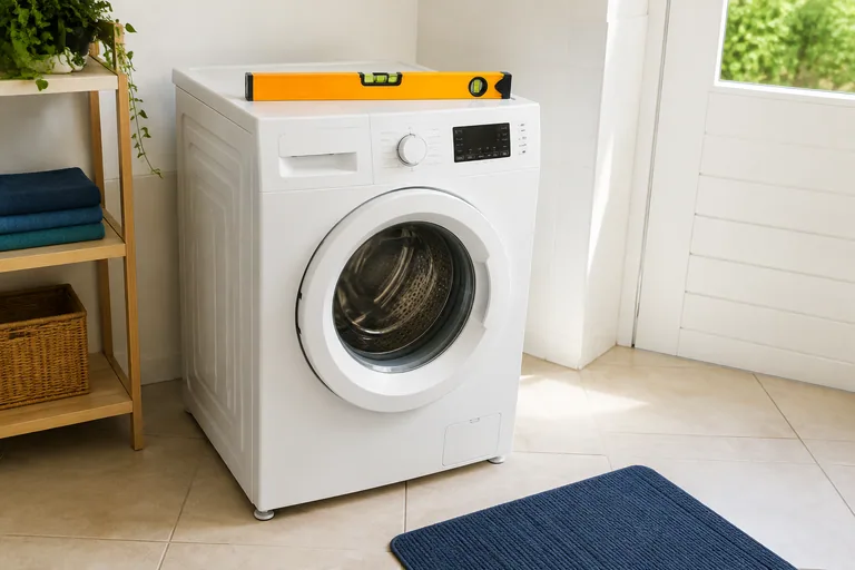 Waterpas op een wasmachine op een tegelvloer