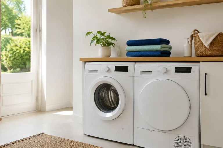 Lichte wasruimte met wasmachine, droger en opgevouwen was