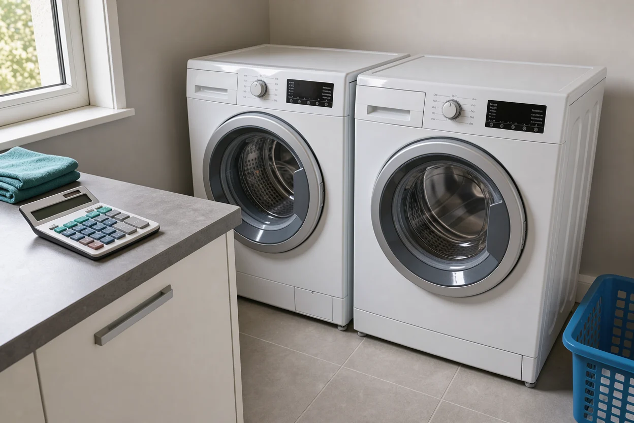 Wasmachine en droger naast elkaar met rekenmachine