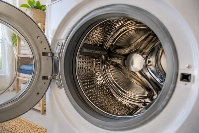 Detail van een roestvrijstalen wastrommel