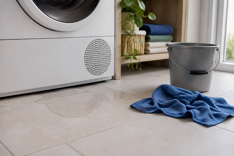 Klein plasje water bij de voet van een wasapparaat