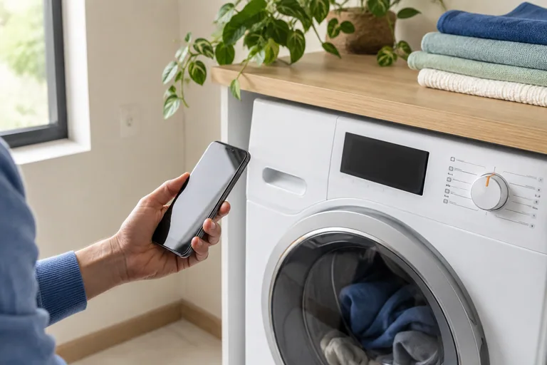 Smartphone in de hand naast een wasapparaat