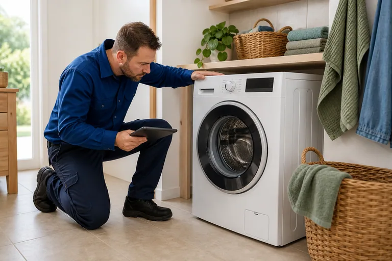 Monteur met tablet bij één was-droogcombinatie