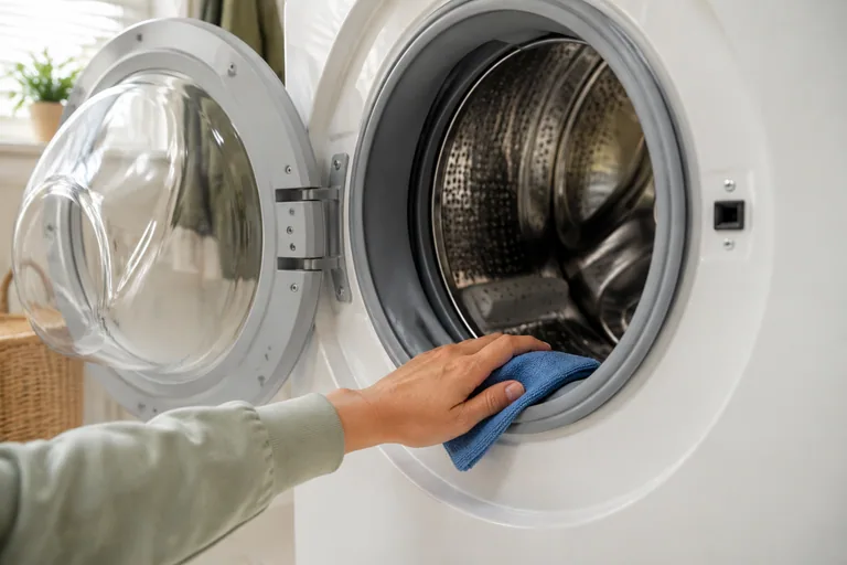 Hand met doek bij het deurrubber van een wasmachine