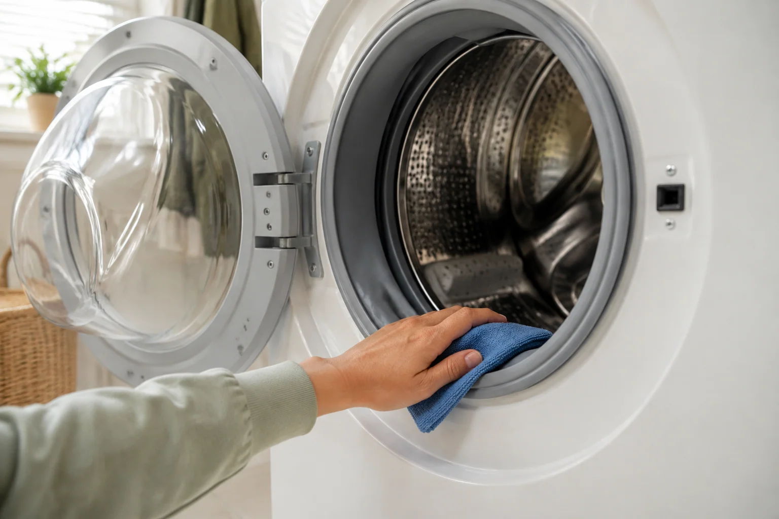 Hand met doek bij het deurrubber van een wasmachine