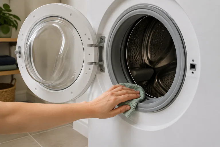 Hand met doek bij het deurrubber van een wasmachine