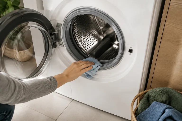 Hand met doek bij het deurrubber van een wasmachine