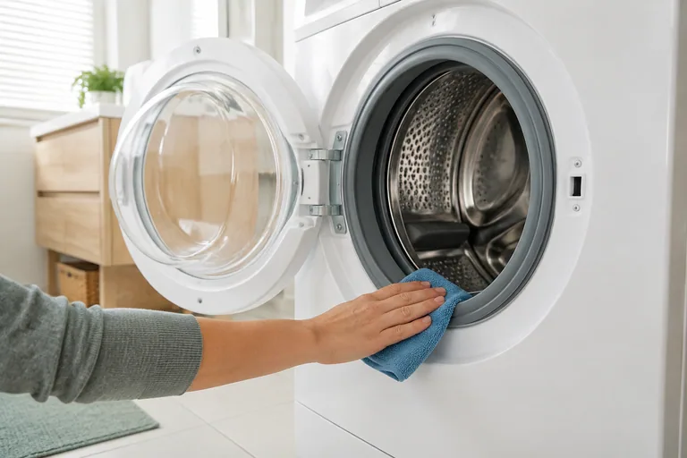 Hand met doek bij het deurrubber van een wasmachine