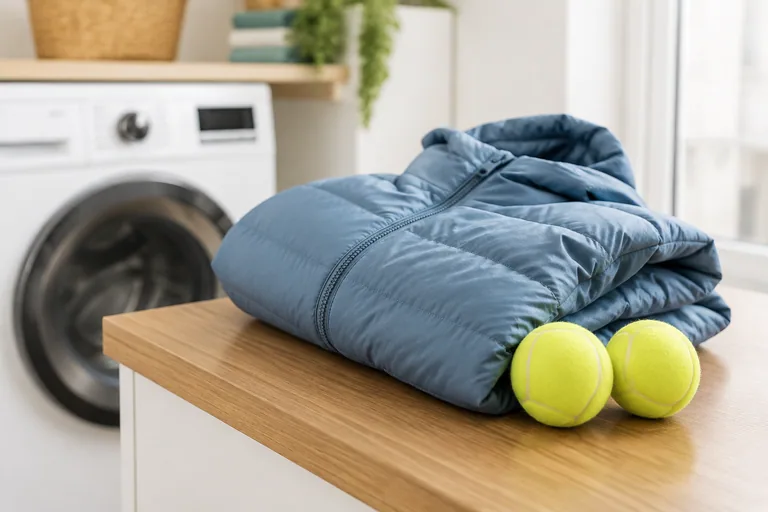 Tennisballen naast een donsjas en wasdroger