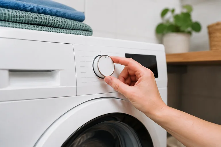 Hand bij de programmaknop van een wasmachine