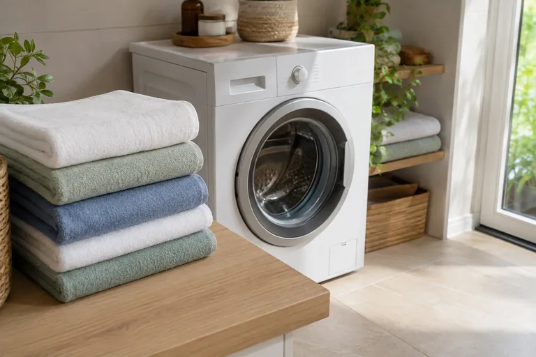 Gevouwen handdoeken naast een wasmachine