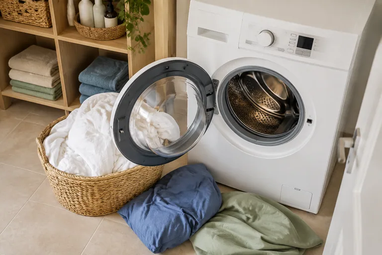 Mand met katoenen beddengoed naast een geopende wasmachine