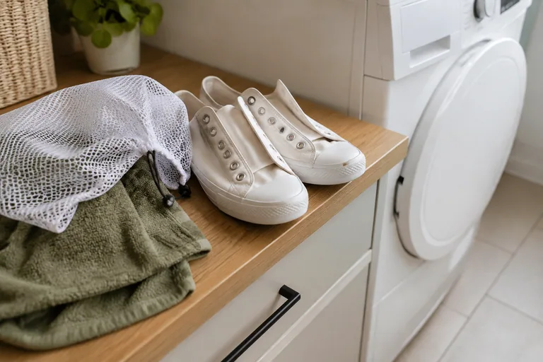 Stoffen schoenen naast een waszak en handdoek