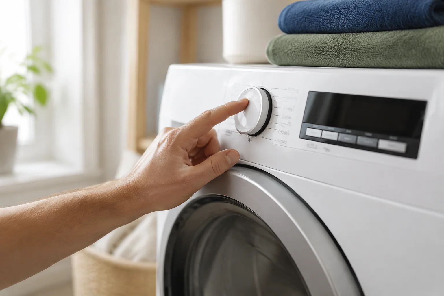 Hand bij de programmaknop van een wasmachine