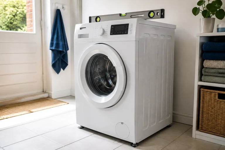 Waterpas op een wasmachine op een tegelvloer