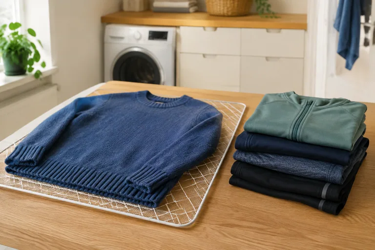 Wollen trui en synthetische kleding apart gelegd