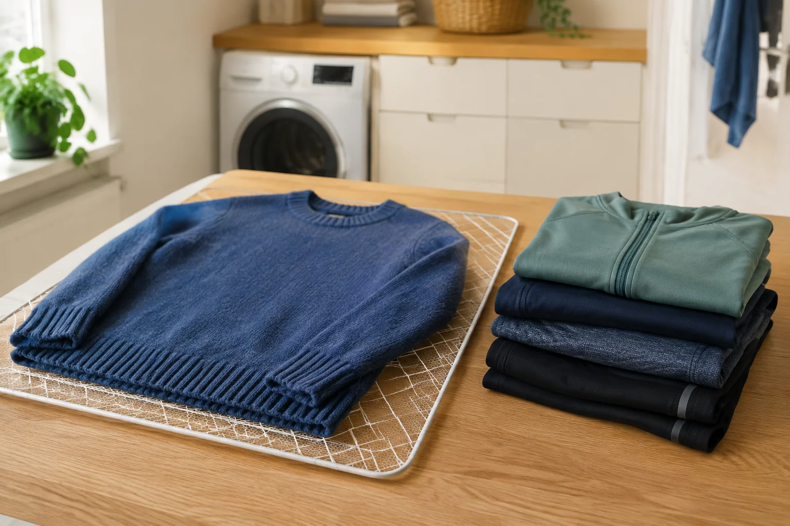 Wollen trui en synthetische kleding apart gelegd