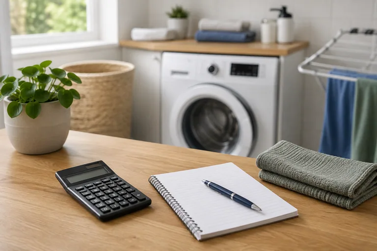Rekenmachine en notitieboek bij een wasapparaat