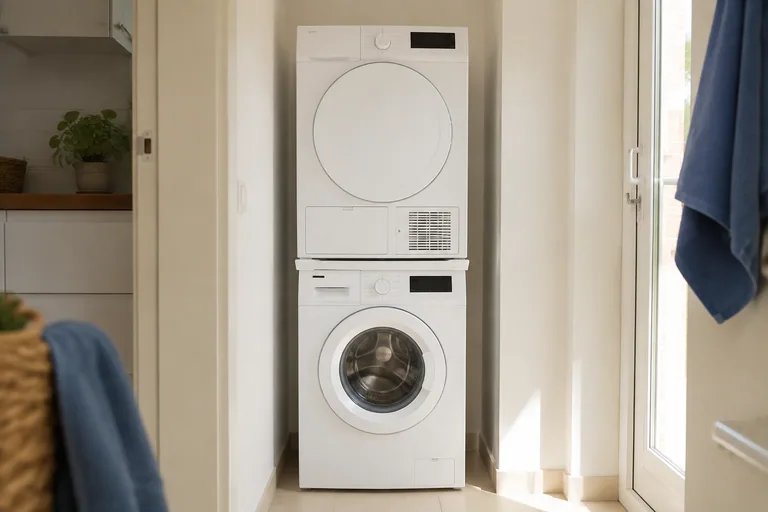 Droger boven een wasmachine met een zichtbaar tussenstuk