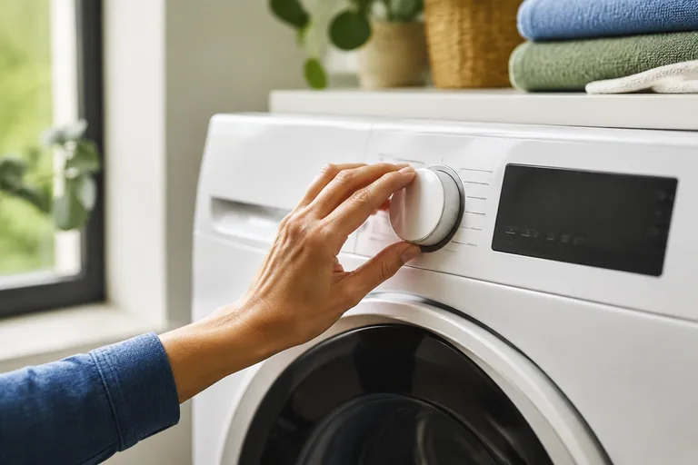 Hand bij de programmaknop van een wasmachine