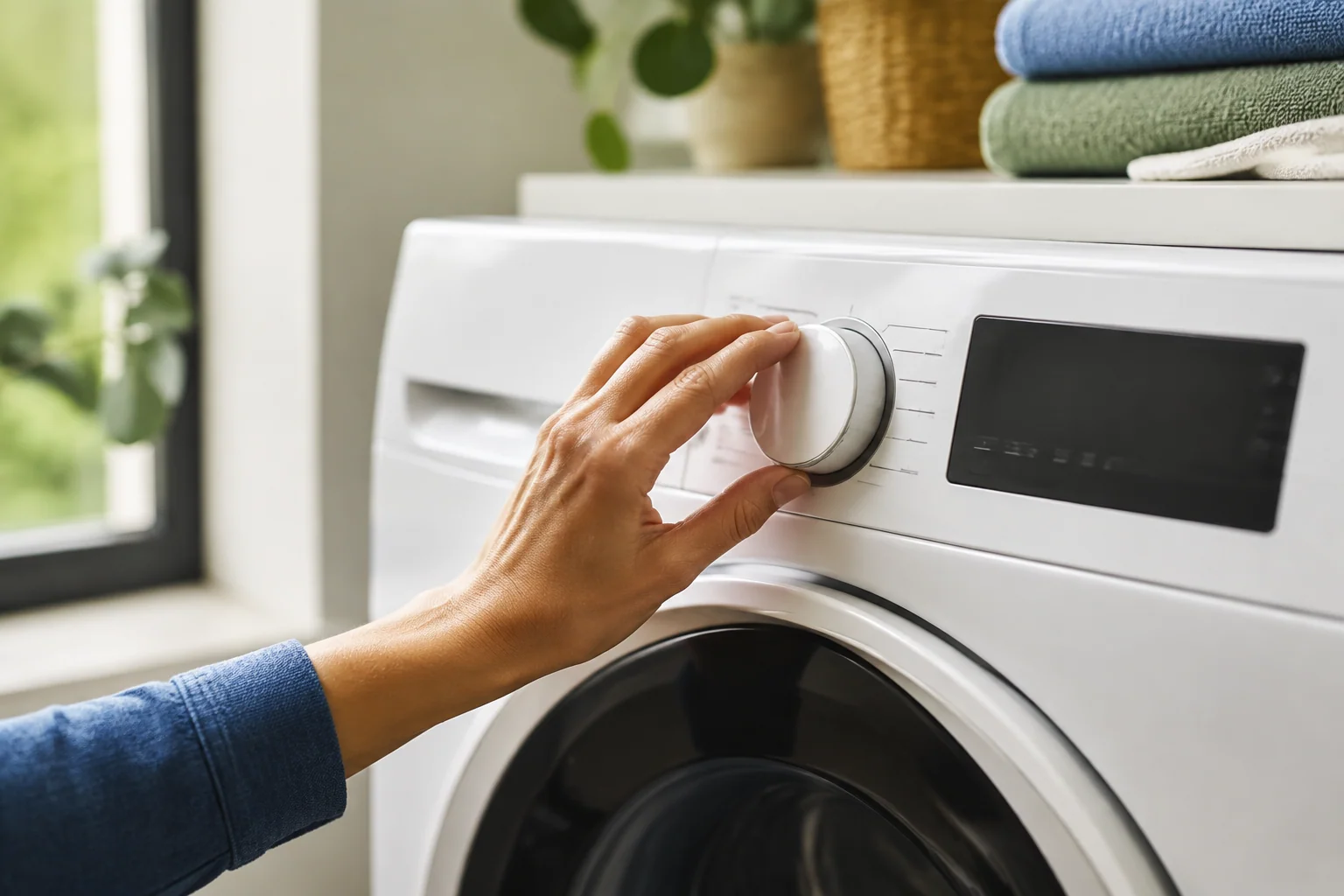 Hand bij de programmaknop van een wasmachine