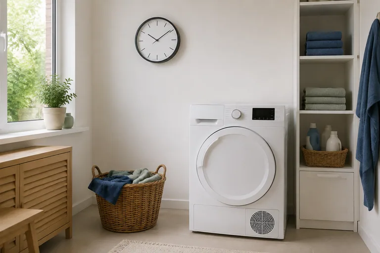 Klok en kleine wasmand in een lichte wasruimte