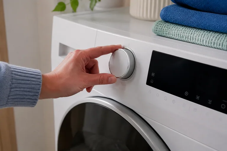 Hand bij de programmaknop van een wasmachine