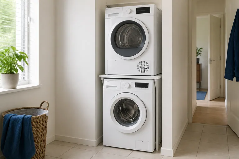 Droger boven een wasmachine met een zichtbaar tussenstuk