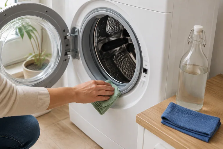 Hand met doek bij het deurrubber van een wasmachine