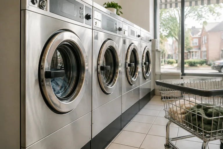 Grote wasmachines in een verzorgde wasserette