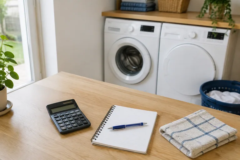 Rekenmachine en notitieboek bij een wasapparaat