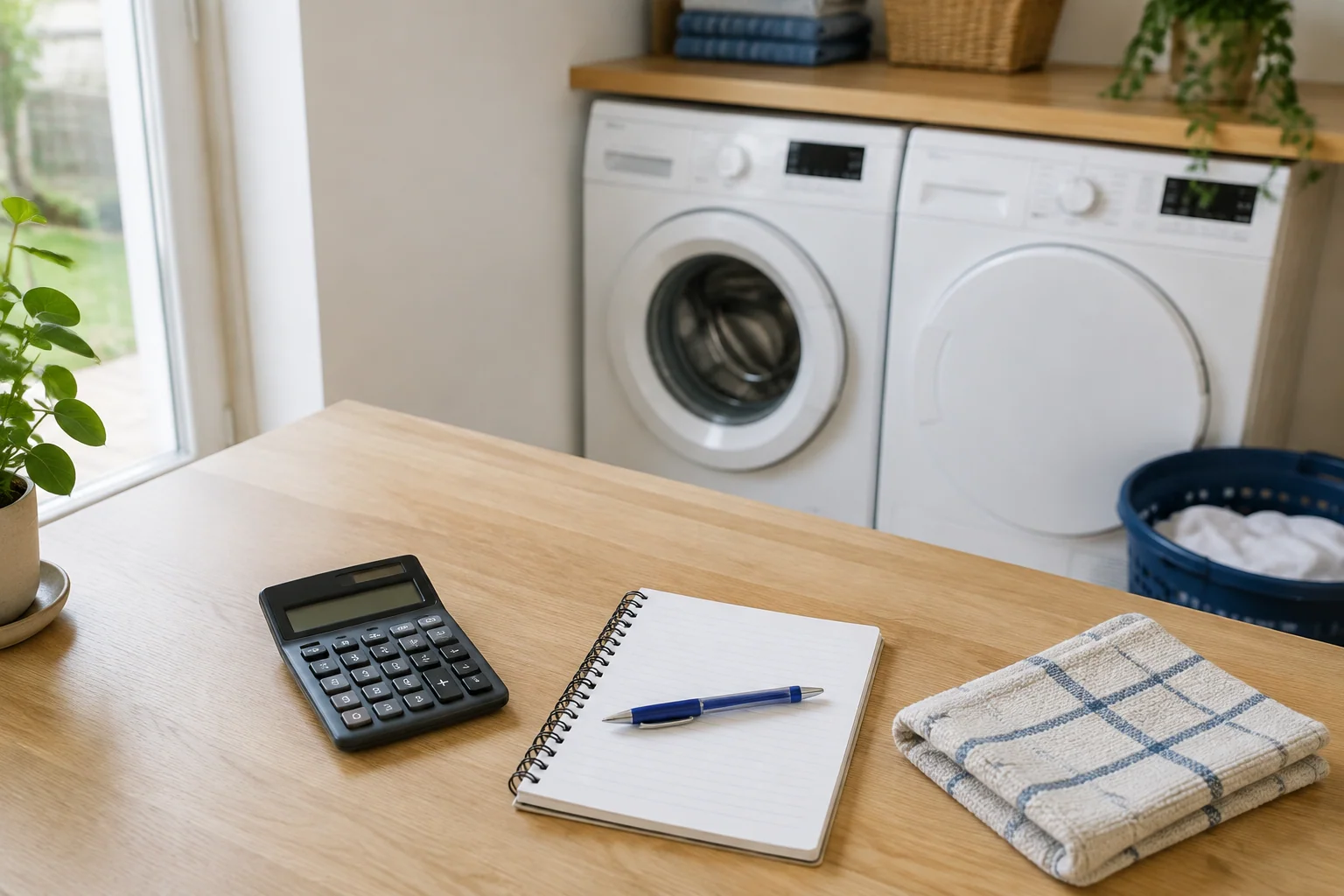 Rekenmachine en notitieboek bij een wasapparaat