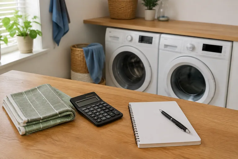 Rekenmachine en notitieboek bij een wasapparaat