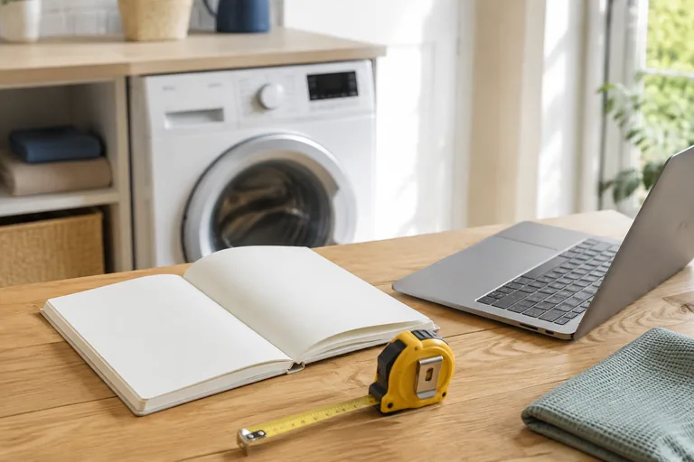 Notitieboek, meetlint en laptop bij een wasmachine