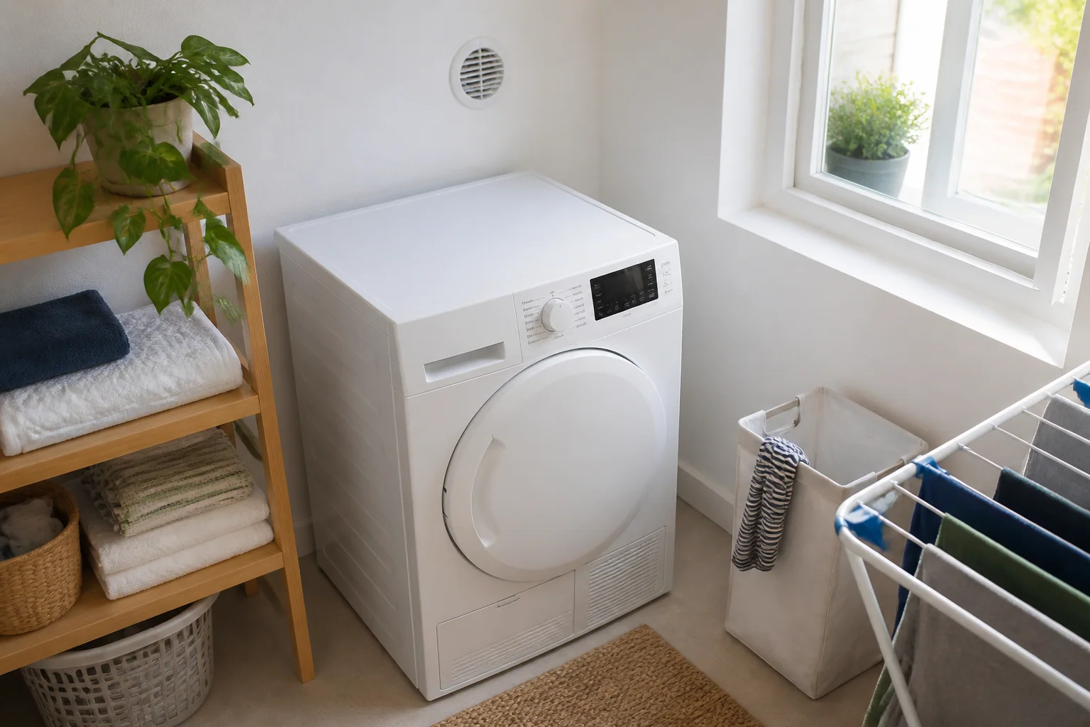 Wasdroger in een lichte binnenruimte met een raam en ventilatierooster