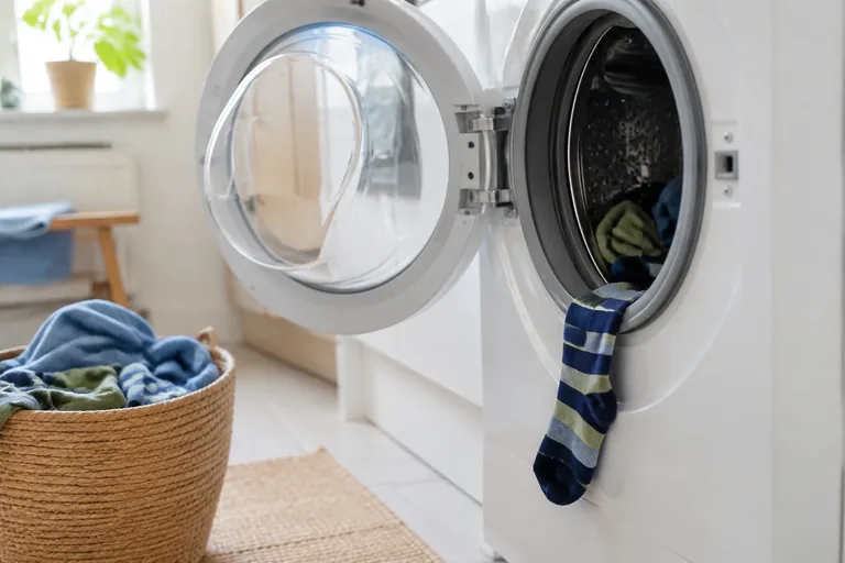 Losse sok naast een open wasmachine