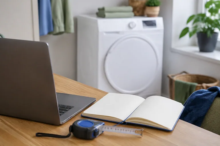 Notitieboek, meetlint en laptop bij het vergelijken van wasdrogers