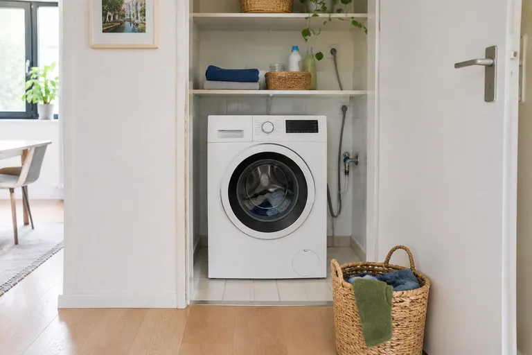 Wasapparaat in een kleine nis met opbergruimte