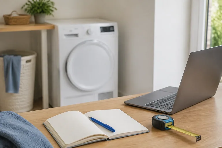 Notitieboek, meetlint en laptop bij het kopen van een wasdroger