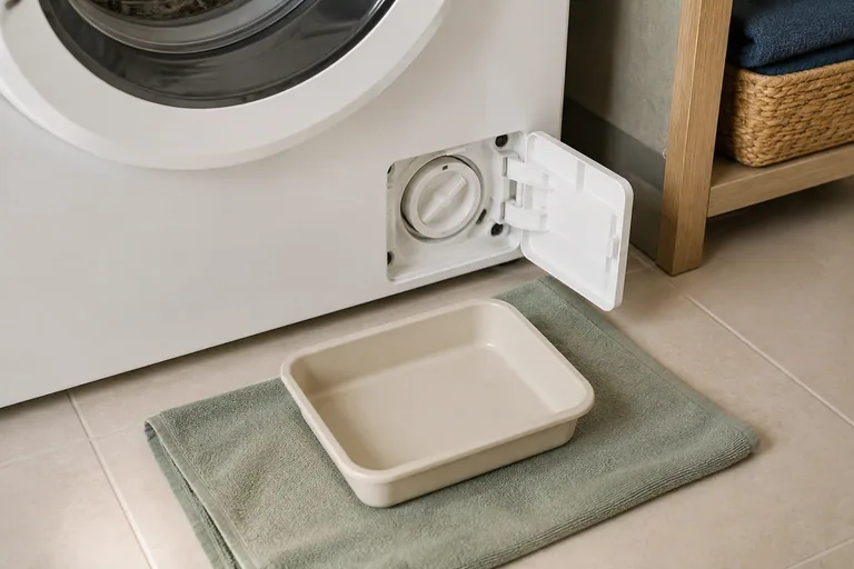 Opvangbak en doek bij het pompfilter van een wasmachine