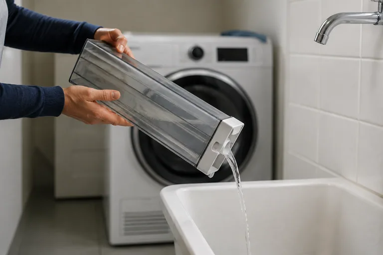 Water uit het condensreservoir van een droger wordt in een gootsteen gegoten