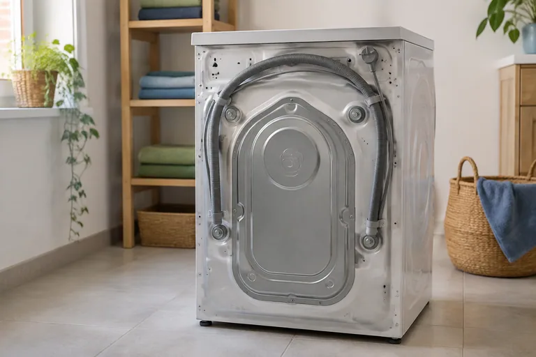 Achterzijde van een wasmachine met transportbouten