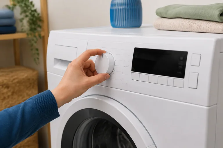 Hand bij de programmaknop van een wasmachine