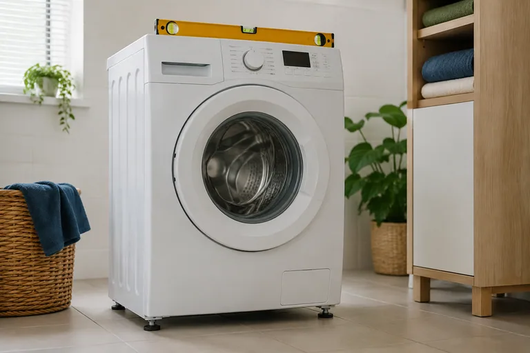 Waterpas op een wasmachine op een tegelvloer